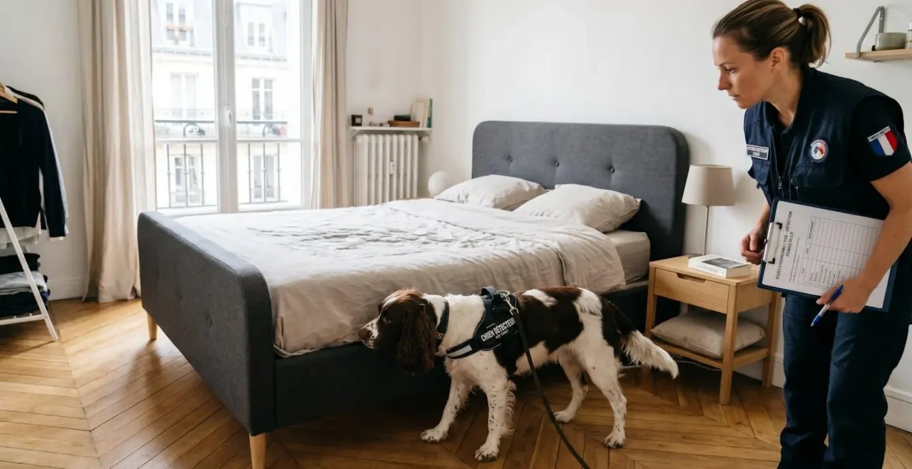 Chien détecteur de punaises de lit en intervention avec sa maîtresse dans une chambre contemporaine, inspectant méthodiquement la zone du sommier