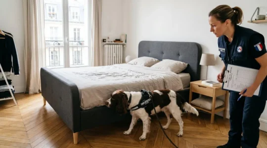 Chien détecteur de punaises de lit en intervention avec sa maîtresse dans une chambre contemporaine, inspectant méthodiquement la zone du sommier