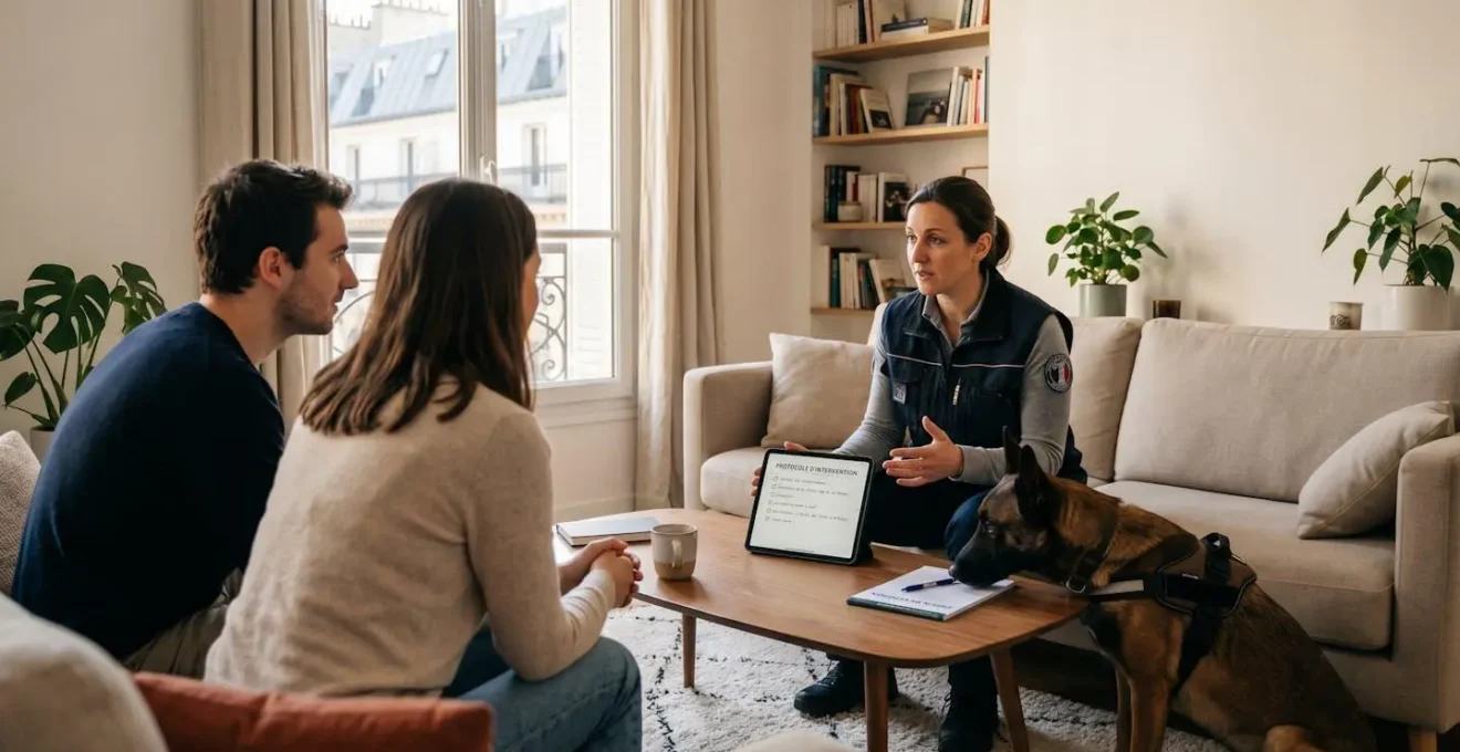 Consultation pré-intervention entre une maîtresse-chien DOGSCAN et des clients dans leur salon, expliquant le protocole de détection canine