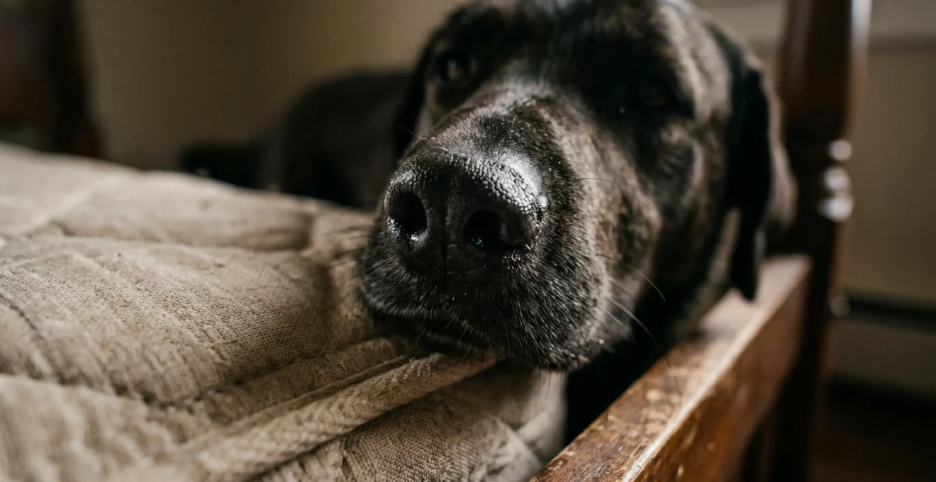 Gros plan sur la truffe d'un chien détecteur en action, narines dilatées captant les composés organiques volatils émis par les punaises de lit
